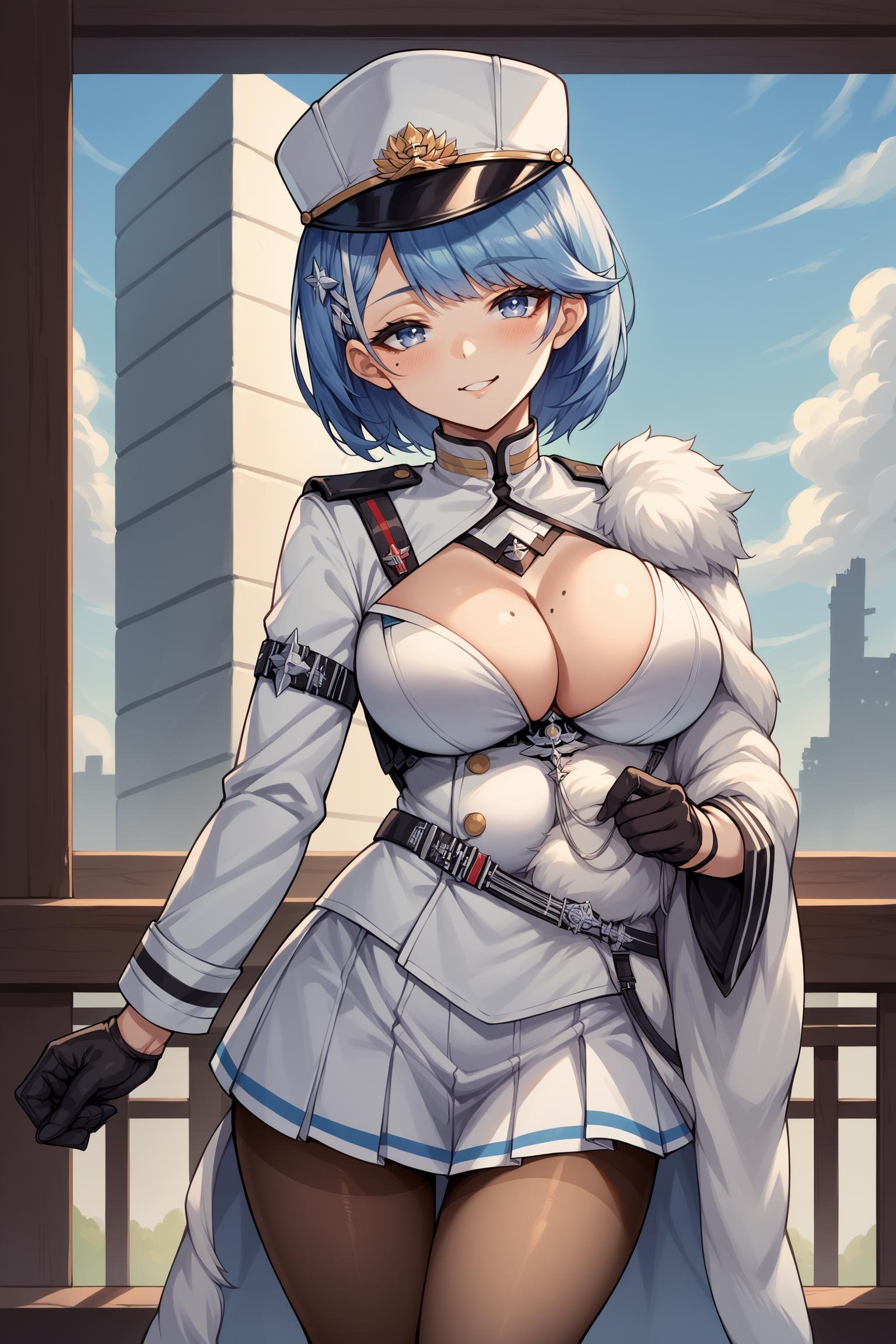 score_9, score_8_up, score_7_up, , rating_general,1girl ,cpysd, short hair, military hat, hairclip, mole on breast, fur-trimmed jacket, cleavage cutout, armband, military uniform, aiguillette, black gloves, belt, pleated skirt, pantyhose, source_anime, naughty face,  cowboy shot,   <lora:ChapayevPDCAMEq2v1.4 AL:1>