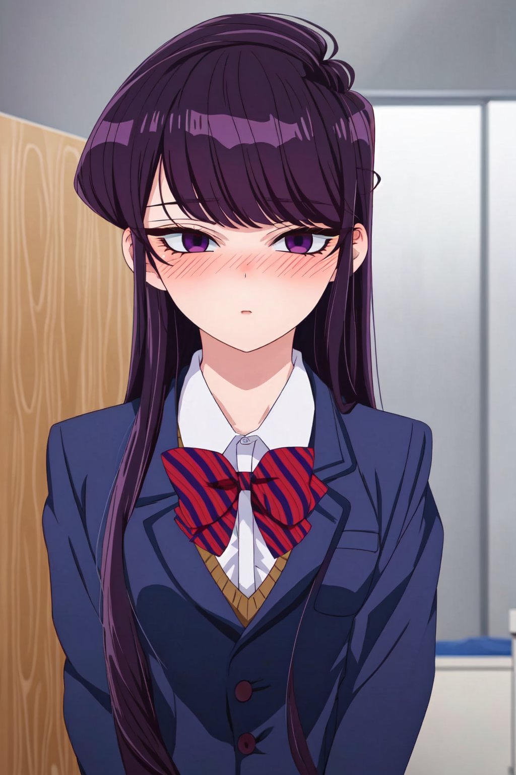 NSFW, ShoukoKomi, Shouko Komi, (8k, high definition), upper body, loose hair, long eyelashes, loose hair, long hair, long sideburns, purple eyeliner, perfect eyes, embarrassed, blushing, high definition, eyes highly detailed, highly detailed, school uniform<lora:EMS-333743-EMS:0.800000>