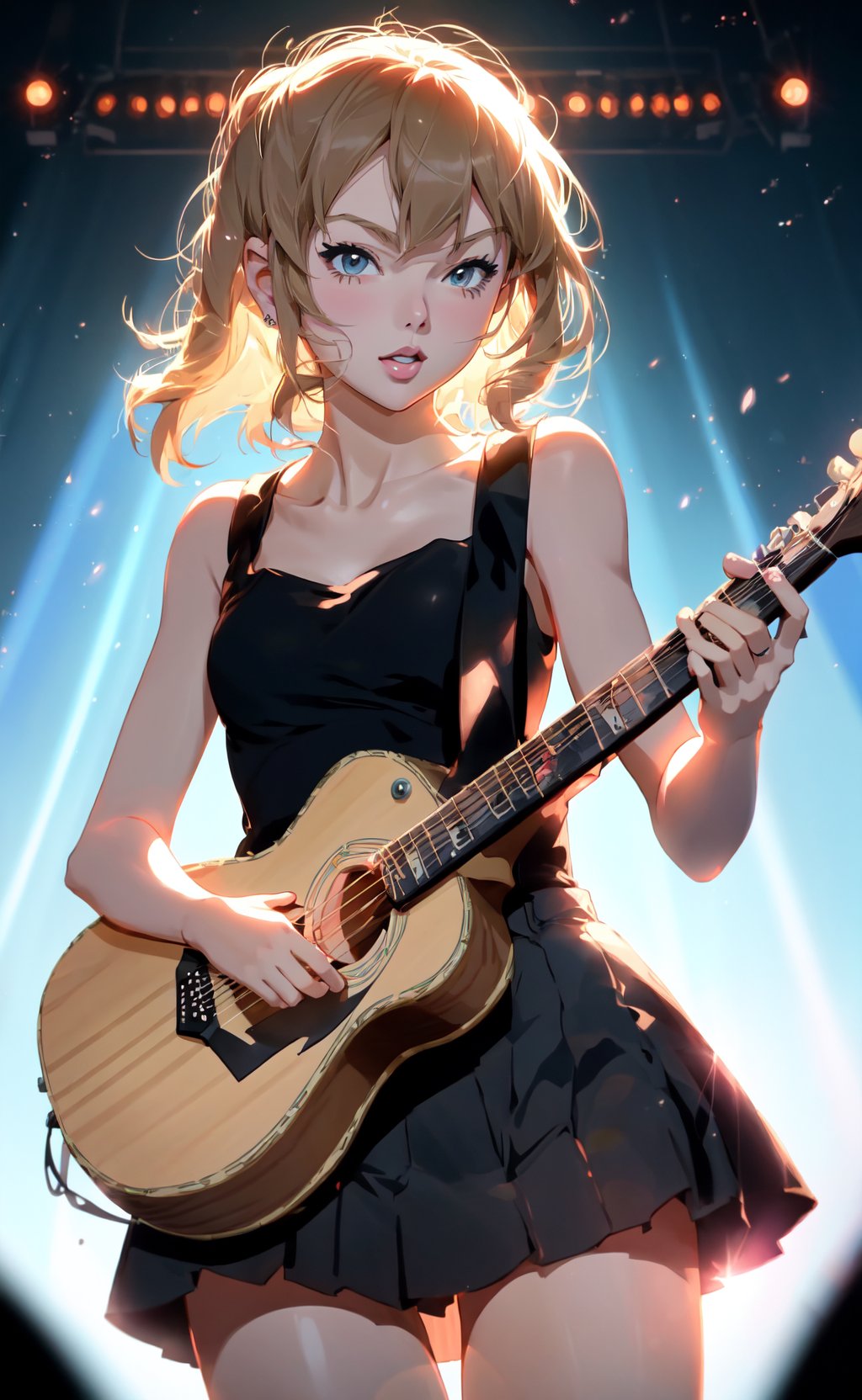 K-ON! anime screencap, Taylor Swift, playing guitar, illustration, soft lighting