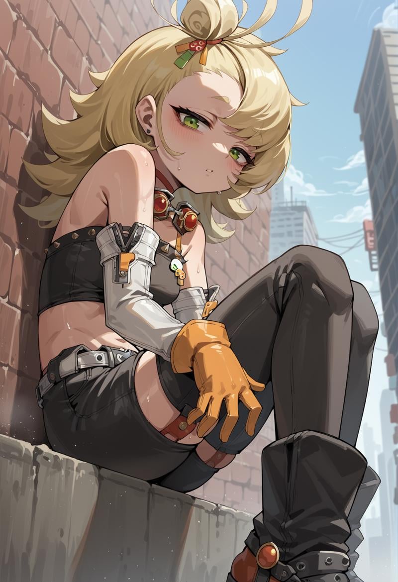 1girl, long hair, messy hair, blonde hair, green eyes, topknot, hair ornament, detached sleeves, orange gloves, tube top, Goggles Around Neck, shorts, chaps, Detached Leggings, sitting, wall, from side, from below, looking at viewer, bags under eyes, sweat, outdoors, city  <lora:Piper_ZZZ:1>, score_9, score_8_up, score_7_up, score_6_up, score_5_up, score_4_up, BREAK source_anime, masterpiece