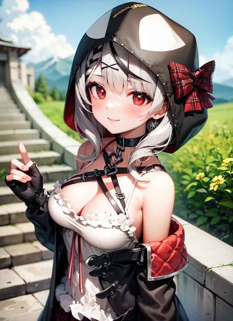 <lora:chloe1-000003:1.0>, chloedef, upper body, smile, blush, outdoors, day, simple background, blue sky, sky, temple, looking at viewer, stairs, mountain, moody lighting, facing viewer,