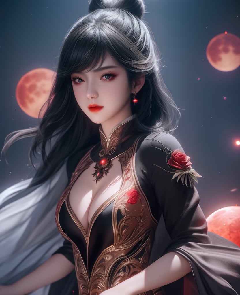 <lora:斗罗大陆-唐舞桐-海神缘:0.8> (,1girl, ,best quality, ),looking at viewer,  ,,ultra detailed background,ultra detailed background,ultra realistic 8k cg,, ,masterpiece, (( , )),, ,science fiction,mole, ,    ,red moon, black rose,     (cleavage), (),