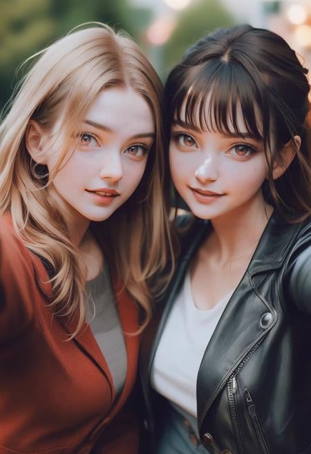 Realistic2girls,Women,Blurred background,Group Selfie  