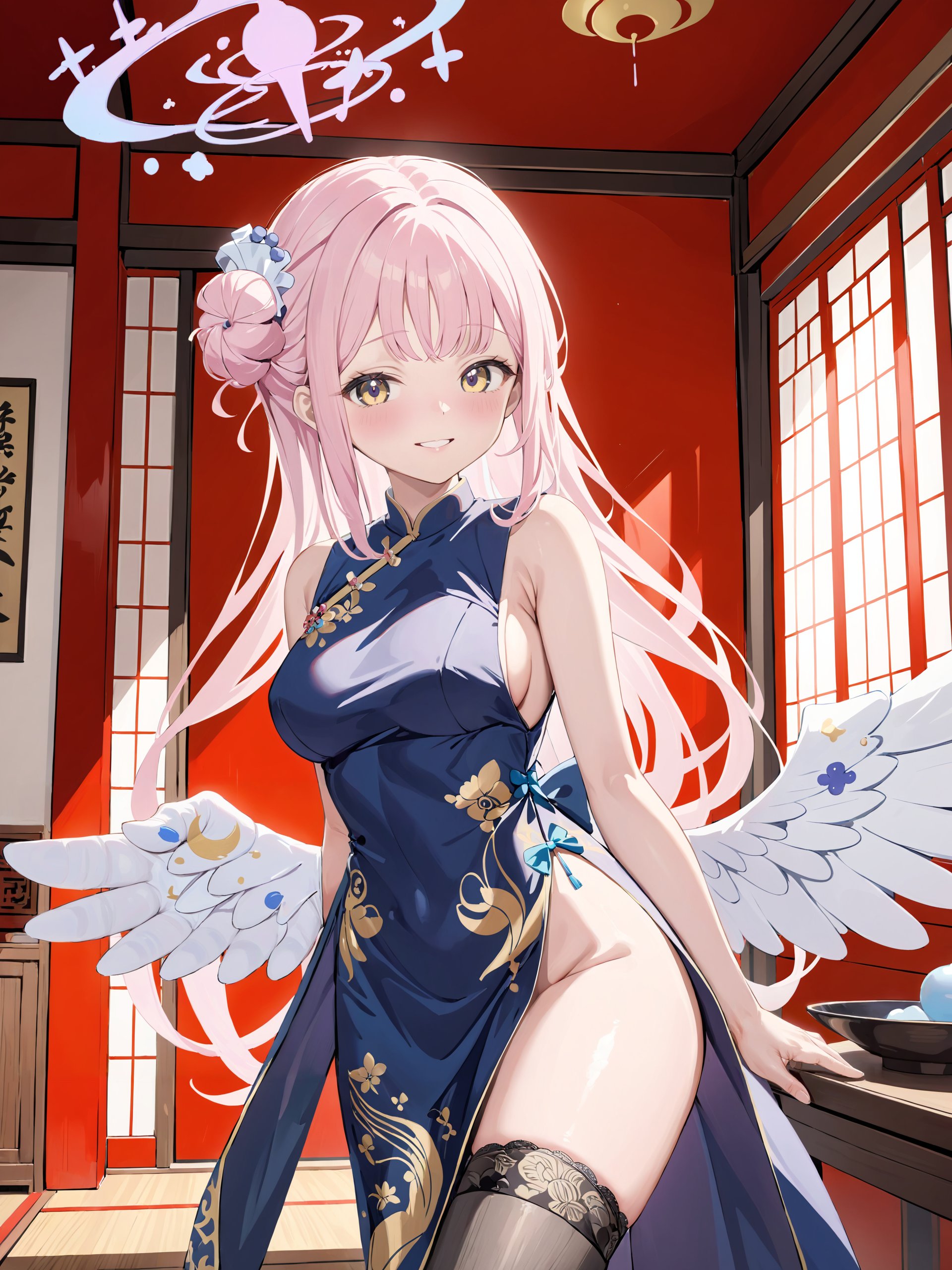 1girl, mika \(blue archive\), low wings, single side bun, halo, china dress, highleg, lace-trimmed legwear, cowboy shot, holding fan, chinese room, indoors, gasp, ecstasy, light smile <lora:Char-BlueArchive-Mika-XL-V1:0.8>, masterpiece, best quality, perfect features, intricate details, ray tracing, very aesthetic, (hitenkei, askzy:0.4)