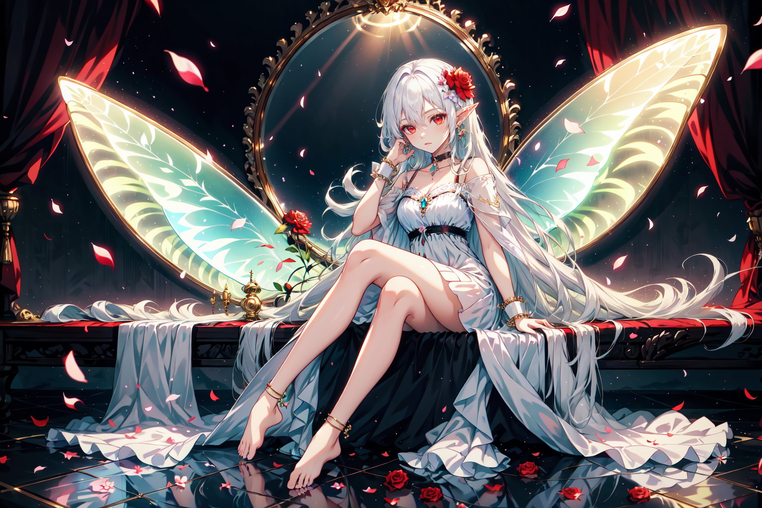 FeoDusk, 1girl, solo, long hair, red eyes, dress, jewelry, sitting, very long hair, flower, white hair, earrings, wings, barefoot, choker, pointy ears, wrist cuffs, petals, rose, mirror, fairy wings, absurdly long hair, fairy, checkered floor, <lora:FaeConceptV2:0.6>