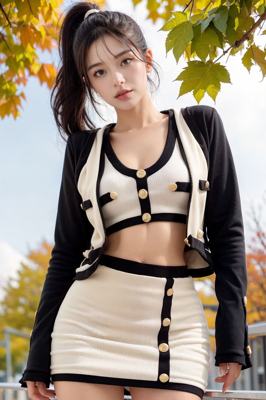 Female, (Big breasts), (Qi bangs, ponytail), (Ancient, Heroine), (velvaura, white bra, midriff, black skirt), cropped jacket, (black jacket), long sleeves, Standing in the city street, falling leaves, sun rays, black shades, autumn leaves, warm climate, (long legs), (ring finger diamond ring), full body, (looking at viewer), masterpiece, realistic, ((face closeup, face shot)), <lora:10xCocoDress(Majic)_LR5_v1:0.7>