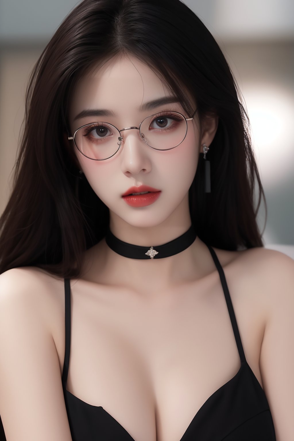 1girl, black choker, black hair, blurry, blurry background, blurry foreground, breasts, choker, cleavage, collarbone, depth of field, earrings, glasses, jewelry, large breasts, lips, long hair, looking at viewer, red lips, solo focus <lora:御姐:1>