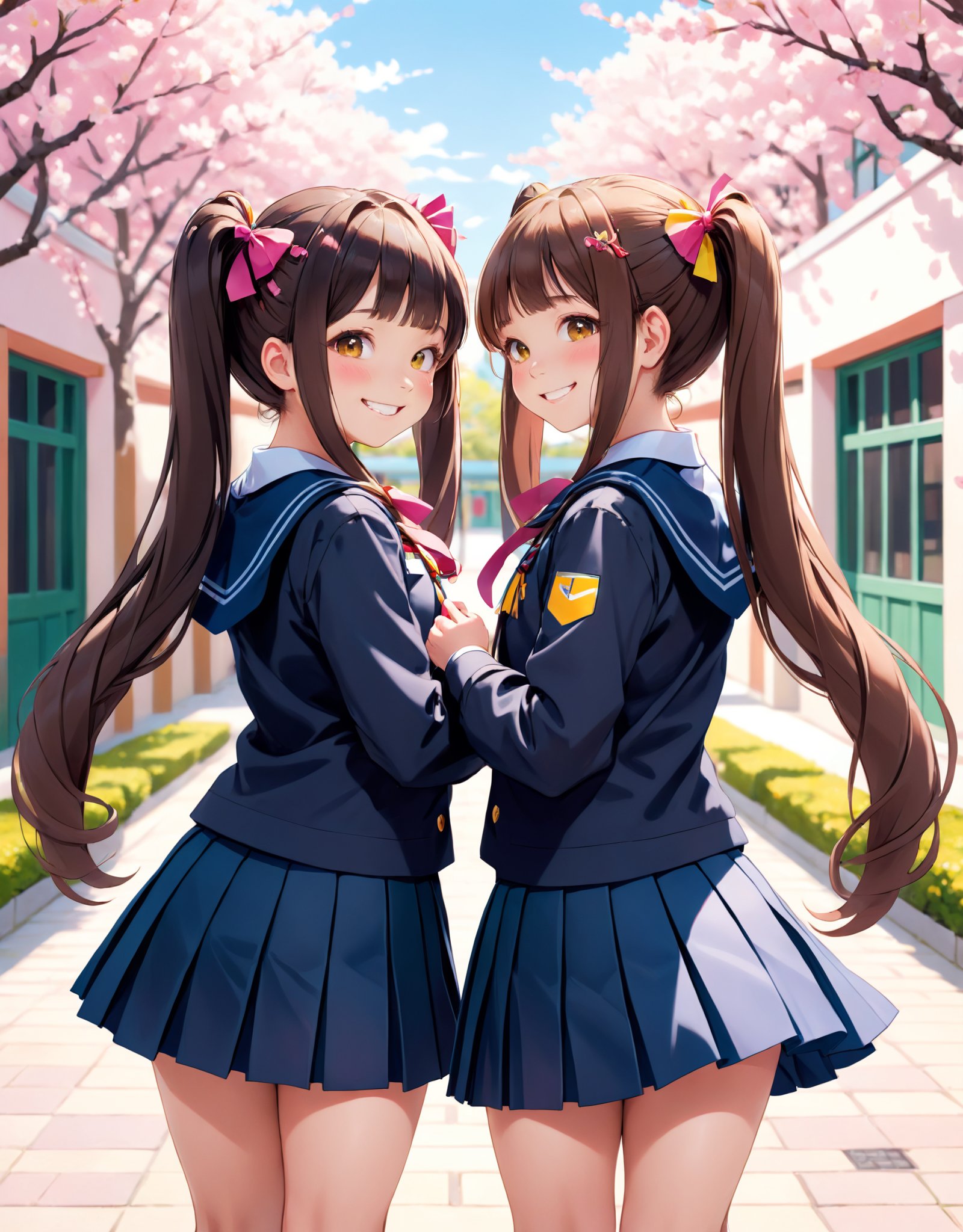 Illustration of two girls with long hair styled in twin tails, standing back to back and smiling. Both girls have colorful ribbons tied around their hair, and they are wearing matching school uniforms with pleated skirts. The background shows a sunny school courtyard with cherry blossoms in bloom, adding to the cheerful and lively atmosphere.