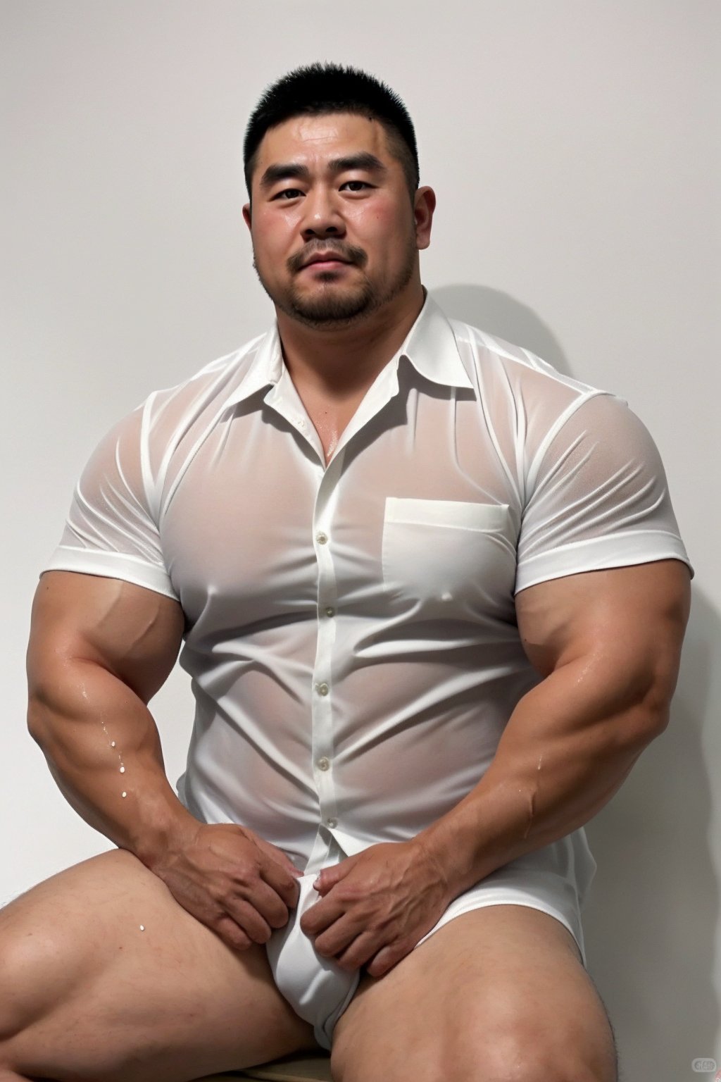 zhuangxiong,muscular male,mature male,male focus,bara,bara daddy,facial_hair,thick thighs,thick arms,Wearing a wet white shirt,looking at viewer,sweat,khaki background,