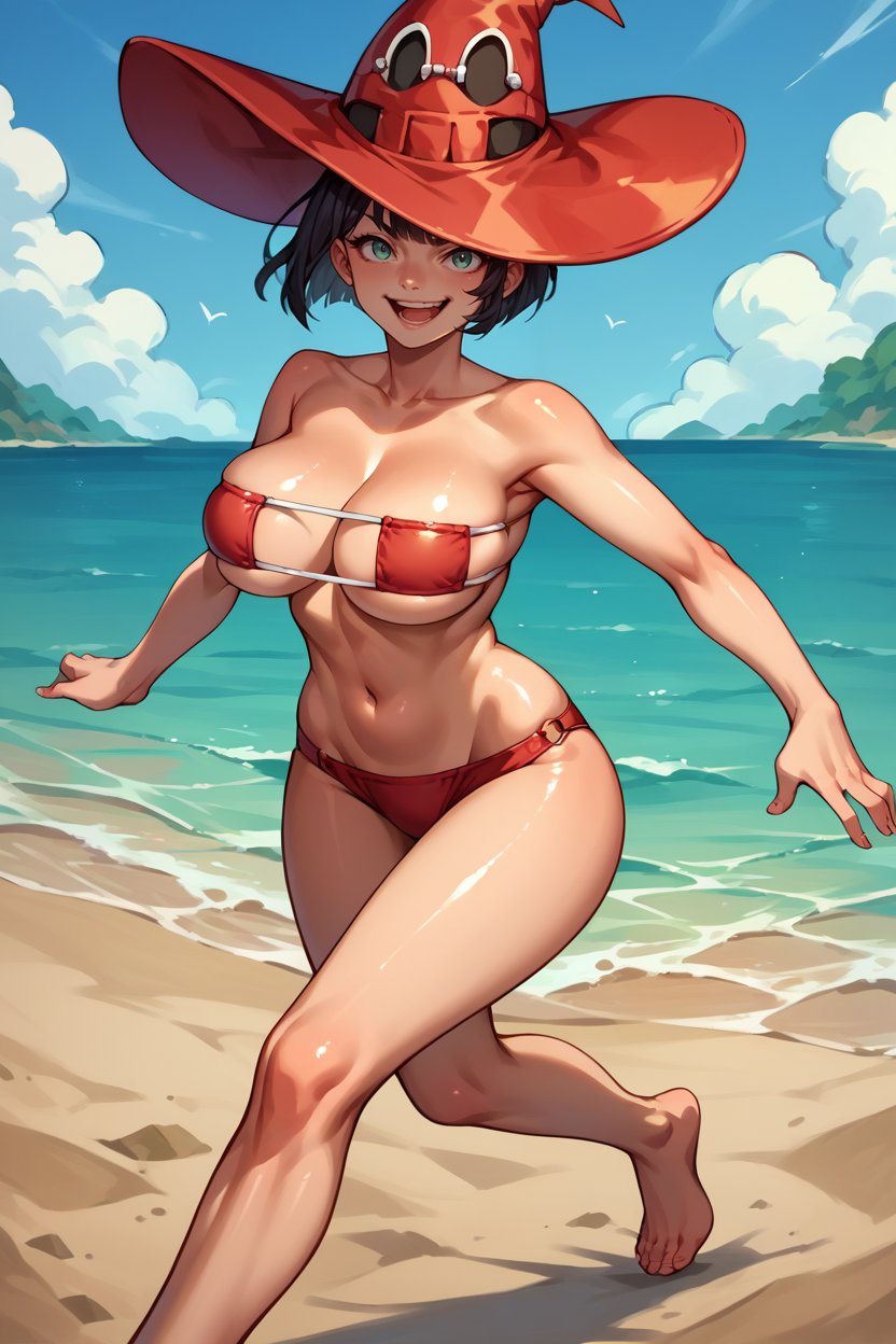 score_9, score_8_up, score_7_up, score_6_up, source_anime, 1girl, solo <lora:ggino-pdxl-nvwls-v1-000005:1> xrdIno, black hair, red hat, large breasts, red bikini, beach, smirk, open mouth, happy, barefoot, eyepatch bikini, running, shiny skin, looking at you