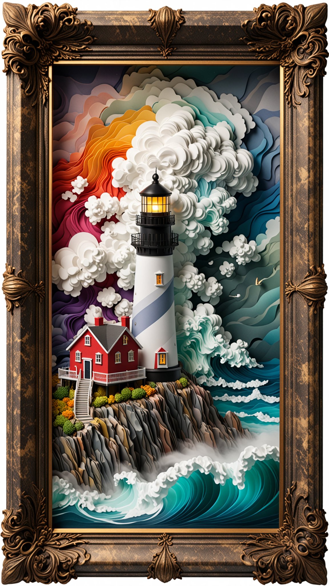 (3d Framed, seascape) Lighthouse, colorful volumetric mad-marbled-paper fog, Vaporizer, Enhanced 3D Metrics, Depth pad 10,