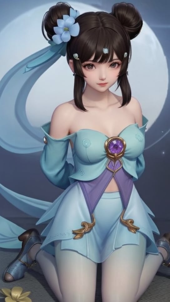 (1girl),smooth chin,masterpiece,detailed face,((hair ornament)),top quality,4k,make up,best quality,medium breasts,(looking at viewer),long legs,double bun,jewelry hair,dress,detached sleeves,ribbon,shawl,light blue skirt,puffy pants,hair rings,hair flower,(wariza),(arms behind back),bangs,jewelry on bangs,<lora:王者 小乔 青蛇SD_v1.0:0.6>,