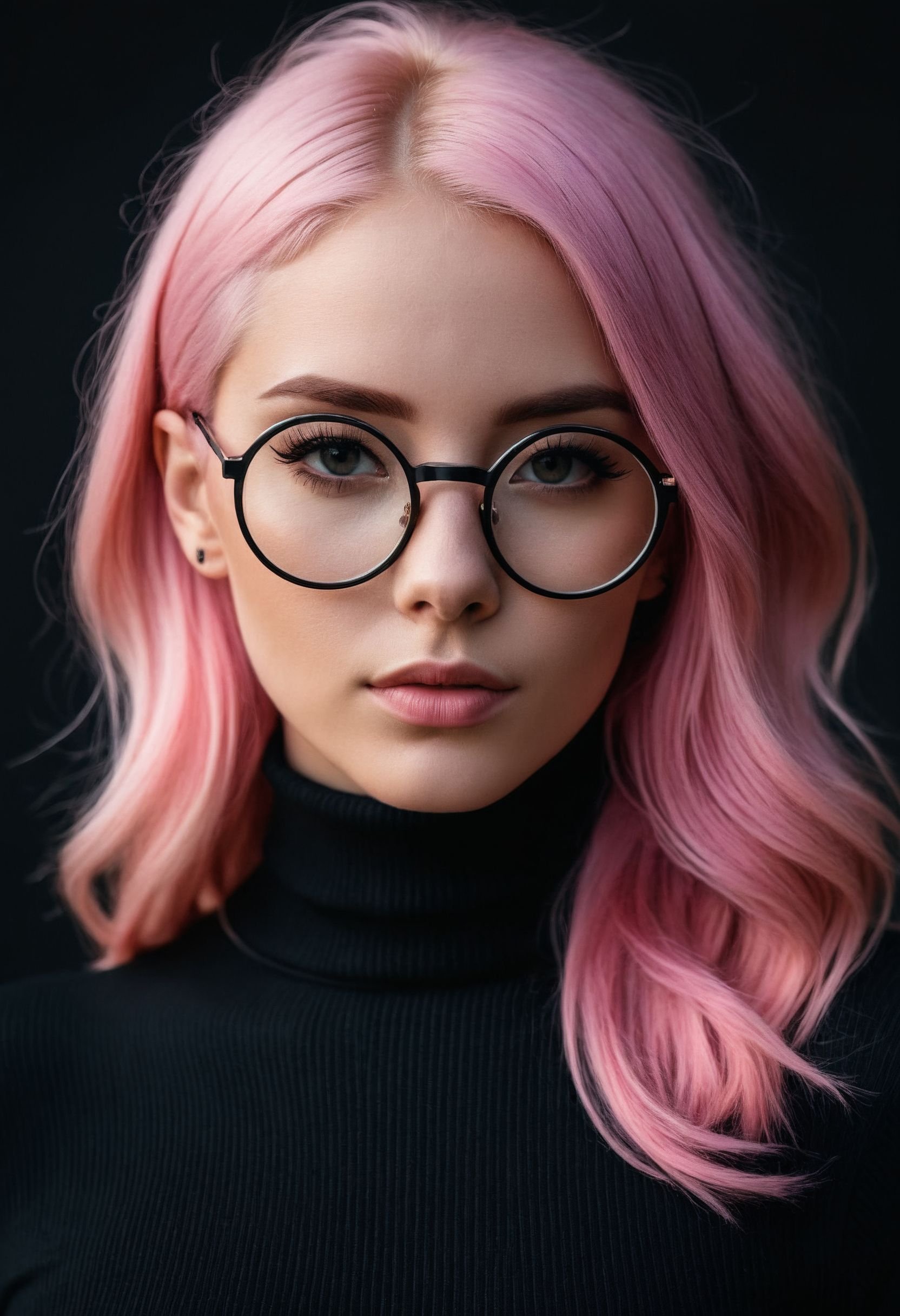 Photo of a beautiful 25-year-old woman with pink hair wearing a black turtleneck and round glasses, natural skin texture, realistic skin texture, Fine art photography, award-winning photography, 8K UHD, high quality, dramatic, cinematic lighting