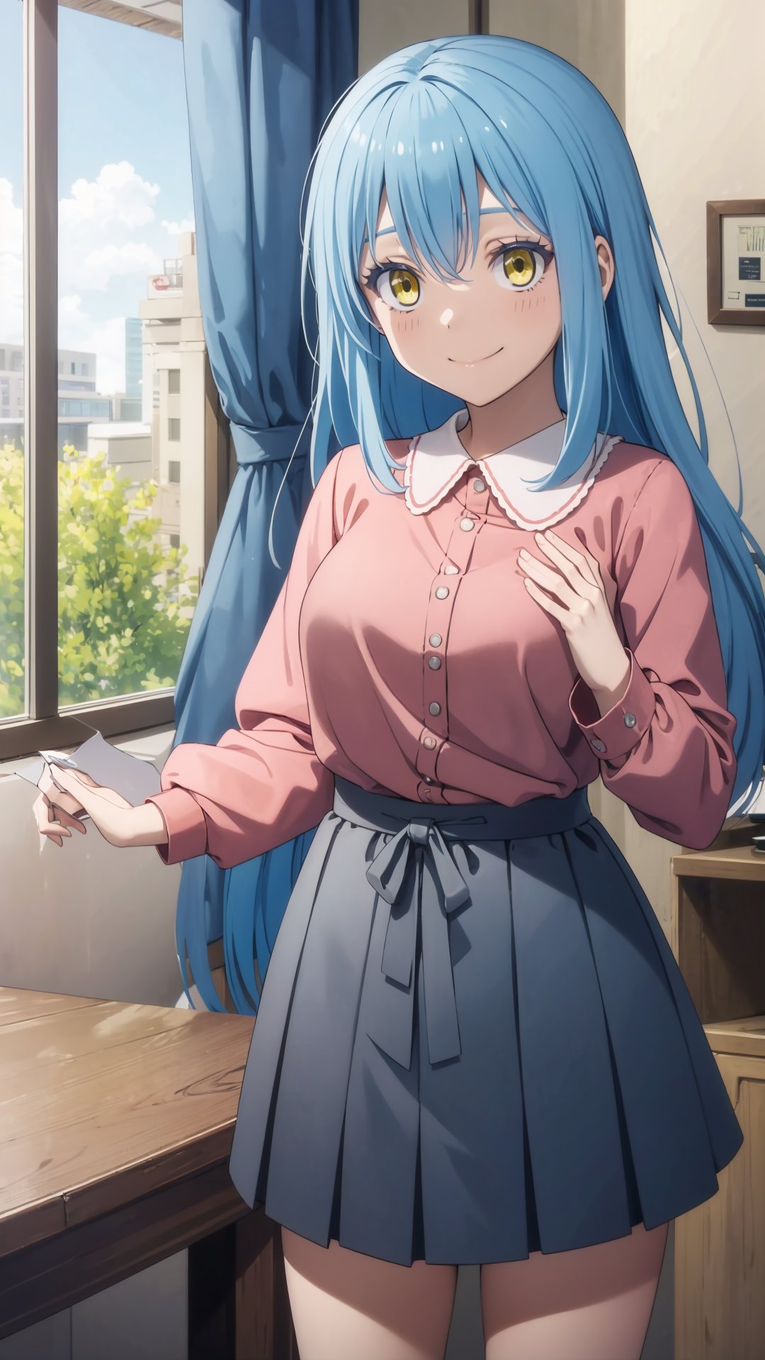 (masterpiece, best quality), ray tracing, absurdres, HDR,rimuru clothes, long hair, blue hair, yellow eyes, shirt, closed mouth, red shirt, 1girl, large breats,holding, rimuru tempest, skirt, bangs, pink shirt, smile, solo, hair between eyes, grey skirt, long sleeves, collared shirt, holding clothes,blush ,<lora:rimuru_clothes01:0.7>