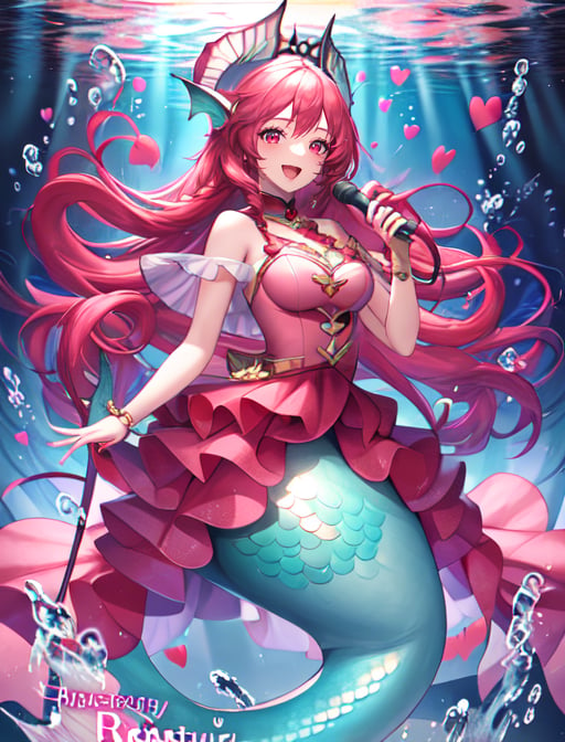 best quality, masterpiece, highres, detailed, digital artwork, <lora:Tools - add_detail:0.2>, AngeVG, <lora:AngeVG:0.8>, 1girl, red hair, long hair, red eyes head fins, jewelry, pink dress, mermaid, underwater, holding microphone, happy, hearts, bubbles, 