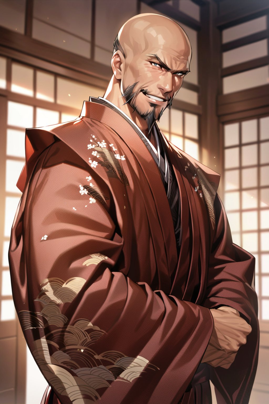 cowboy shot, (((smile))), saitou dousan, samurai, 1man, solo, japanese, male, kimono, bald hair, young man, beard, kataginuhanhakama,(masterpiece, high-quality, breathtaking, highres, ultra detailed), (expressive eyes, perfect face) <lora:saitou dousan 526:1>