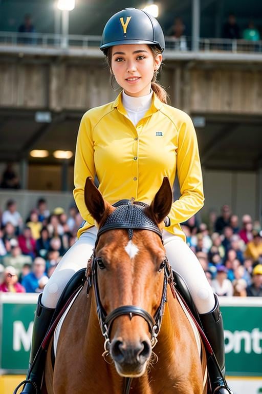 photo of a woman, (wearing equitation_outfit, wearing cap:1.3), yellow equitation_outfit,good hand,4k, high-res, masterpiece, best quality, head:1.3,((Hasselblad photography)), finely detailed skin, sharp focus, (cinematic lighting), night, soft lighting, dynamic angle, [:(detailed face:1.2):0.2], medium breasts,(((riding a horse in front of a crowd))), outside,   <lora:equitation_outfit-10:0.5>