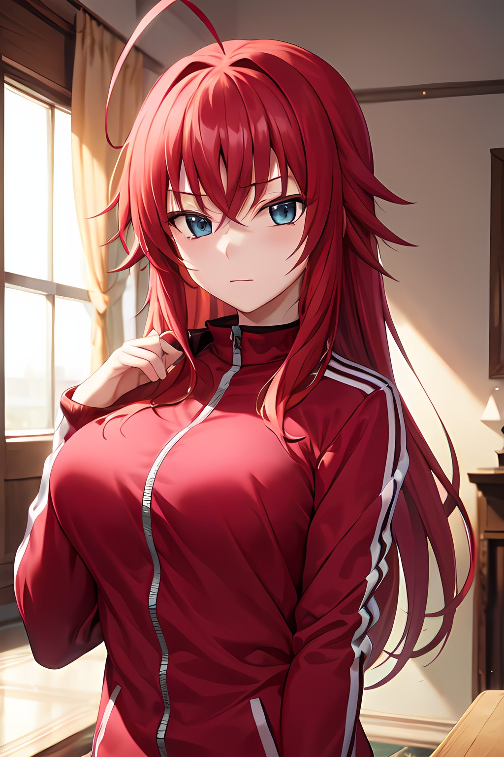 masterpiece, absurdres , (intricate details), (colorful),cinematic lighting,bust shot,extremely detailed CG unity 8k wallpaper, looking at viewer, front view, <lora:riasHSDXD-051:1> riasgremory, ahoge, track suit, track jacket, 