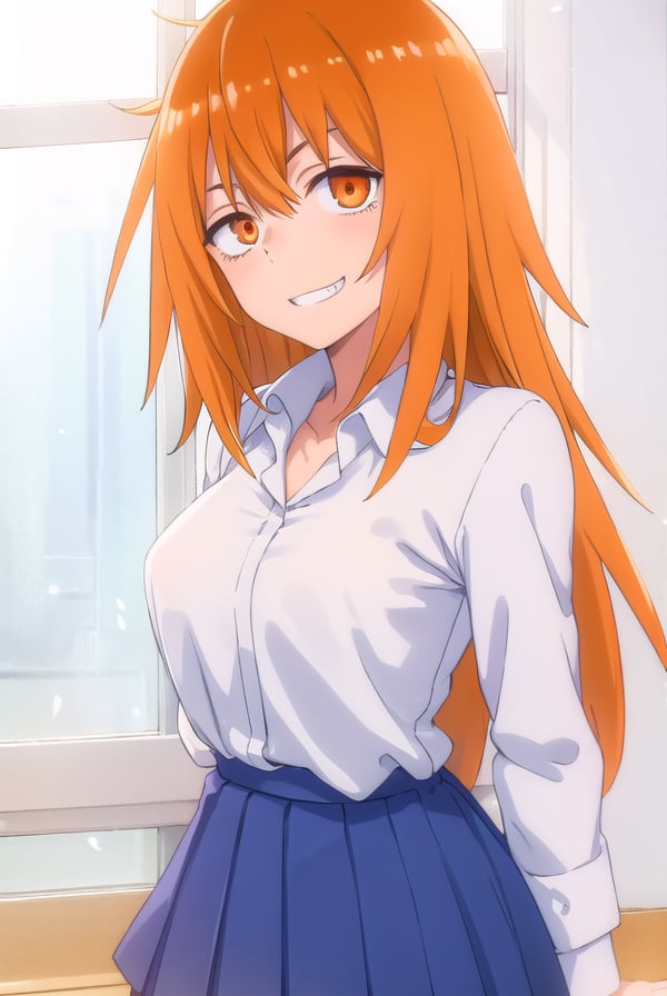 makigamou, <lora:maki gamou s1s2-lora-nochekaiser:1>,maki gamou, long hair, orange hair, (orange eyes:1.3), sanpaku, smile, grin,BREAK skirt, shirt, jewelry, school uniform, white shirt, pleated skirt, earrings, blue skirt,BREAK indoors, classroom,BREAK looking at viewer, (cowboy shot:1.5),BREAK <lyco:GoodHands-beta2:1>, (masterpiece:1.2), best quality, high resolution, unity 8k wallpaper, (illustration:0.8), (beautiful detailed eyes:1.6), extremely detailed face, perfect lighting, extremely detailed CG, (perfect hands, perfect anatomy),