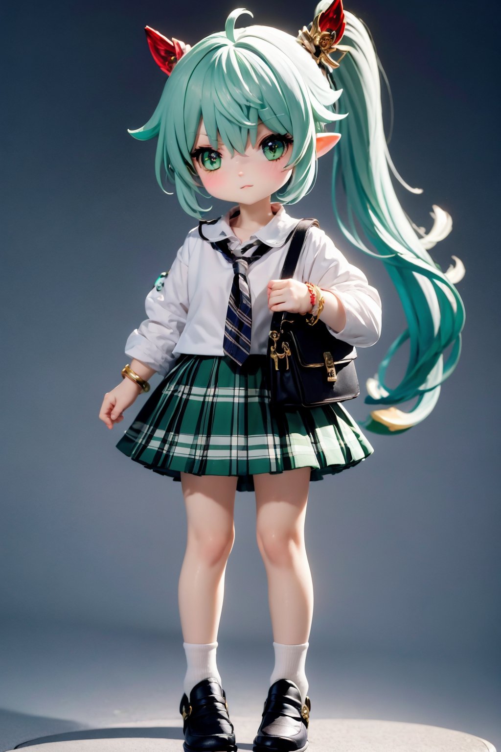 <lora:AgainRealistic_v2.0:1>,AgainRealistic_v2.0, 1girl, solo, skirt, green eyes, nahida \(genshin impact\), necktie, pointy ears, side ponytail, plaid skirt, school uniform, shirt, bracelet, full body, white shirt, multicolored hair, long hair, green hair, bag, shoes, jewelry, ahoge, looking at viewer, alternate costume, white hair, white socks, socks, plaid, hair ornament, blush, green skirt, pleated skirt, long sleeves, simple background, symbol-shaped pupils, hair between eyes, standing, collared shirt, black footwear, green necktie, brown footwear, cross-shaped pupils, loafers, gradient hair, sidelocks, closed mouth, streaked hair, school bag, two-tone hair, grey background, striped necktie