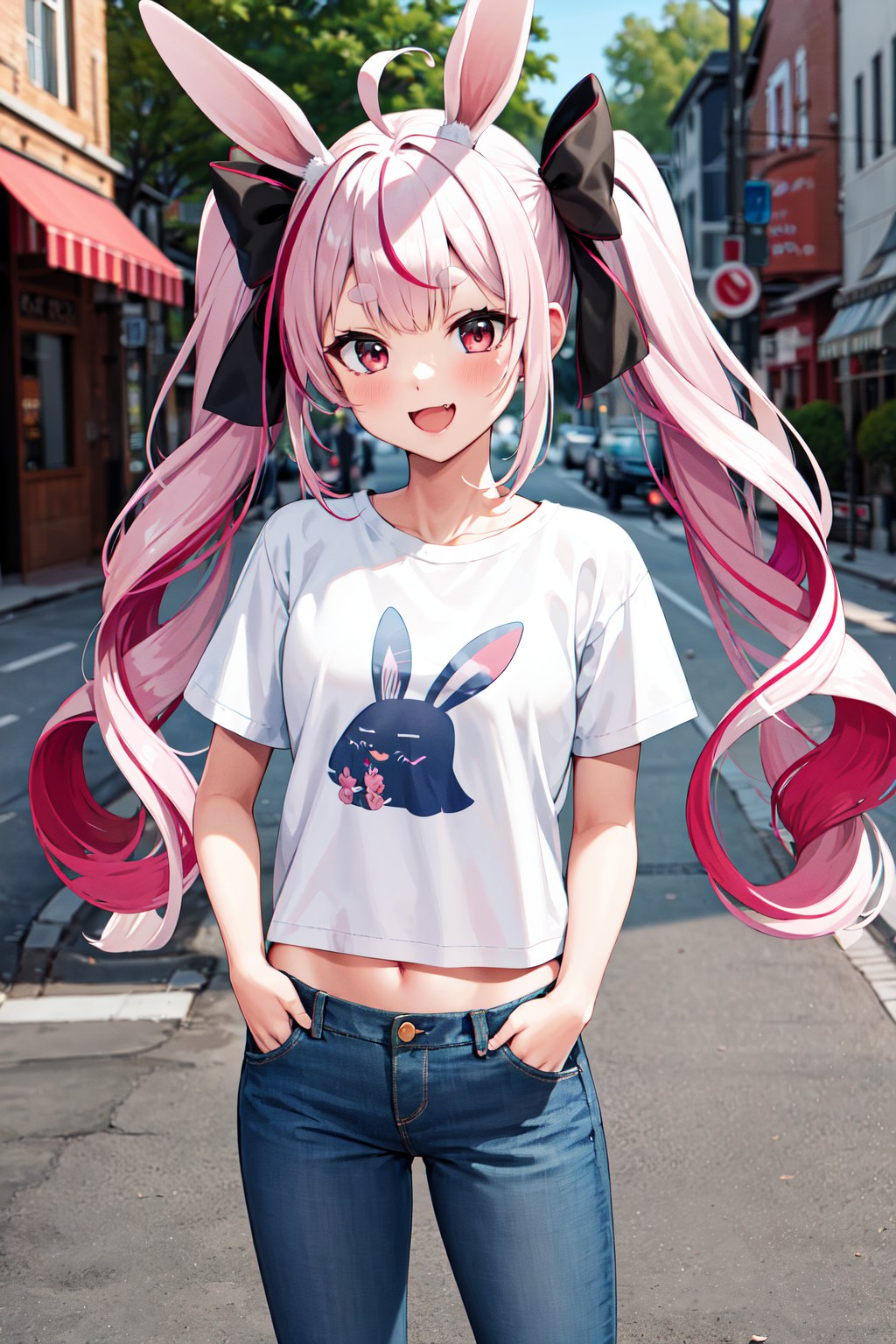 masterpiece, best quality, highres, aatomari, long hair, ahoge, twintails, hair bow, multicolored hair, rabbit ears, thick eyebrows, <lora:tomari_mari_v1:0.7>, white shirt, t-shirt, midriff, jeans, fang, smile, hands in pockets, street