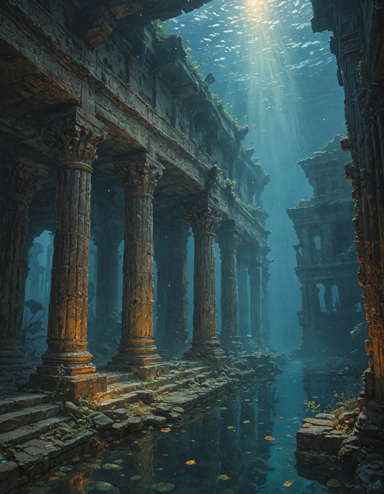 oil painting, underwater image of a ancient city, glowing, by Greg Rutkowski