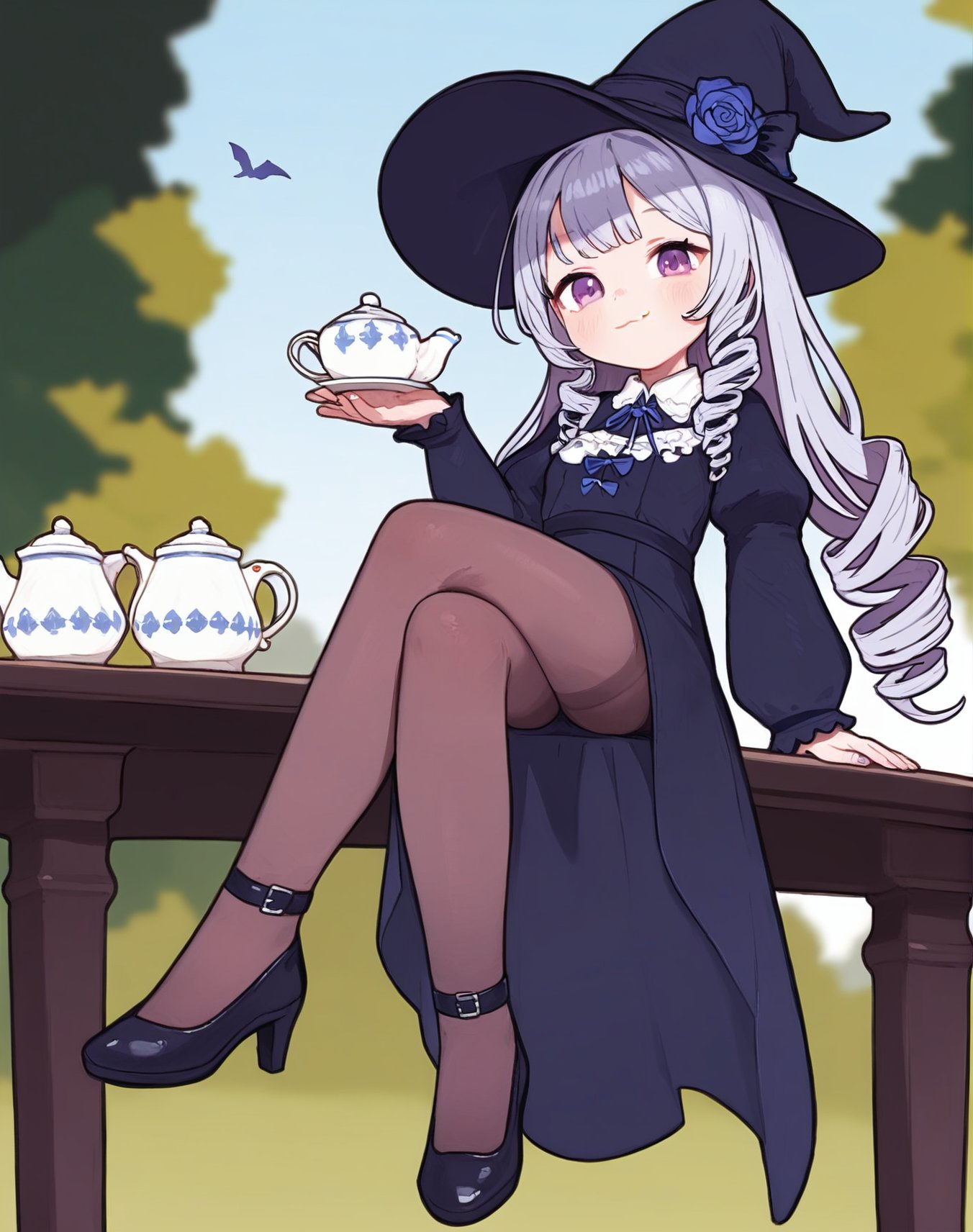 (score_9,score_8_up,score_7_up,),1girl,solo,hat,pantyhose,flower,teacup,dress,crossed legs,cup,witch hat,sitting,long hair,holding,purple eyes,looking at viewer,long sleeves,teapot,black headwear,table,blue flower,black footwear,purple flower,drill hair,grey hair,puffy sleeves,black dress,shoes,juliet sleeves,bangs,breasts,smile,brown pantyhose,hat flower,full body,witch,black pantyhose,high heels,saucer,frills,rose,small breasts,closed mouth,blue rose,hand up,very long hair,from below,depth of field,from below,depth of field,<lora:tpony-style-v2:1>,