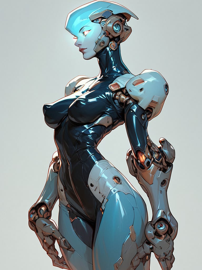 score_9, score_8_up, score_7_up, score_6_up, score_9, score_8_up, score_7_up, score_6_up, BREAK,1girl, puffy sleeves, puffy nipples, latex, bodysuit, mechanical arms, mechanical legs, mechanical eye, glowing eyes, standing, arched back, simple background, <lora:xl_more_art-full_v1:0.25>, <lora:Stylized_Colorful_-_Semi_Realistic:1>