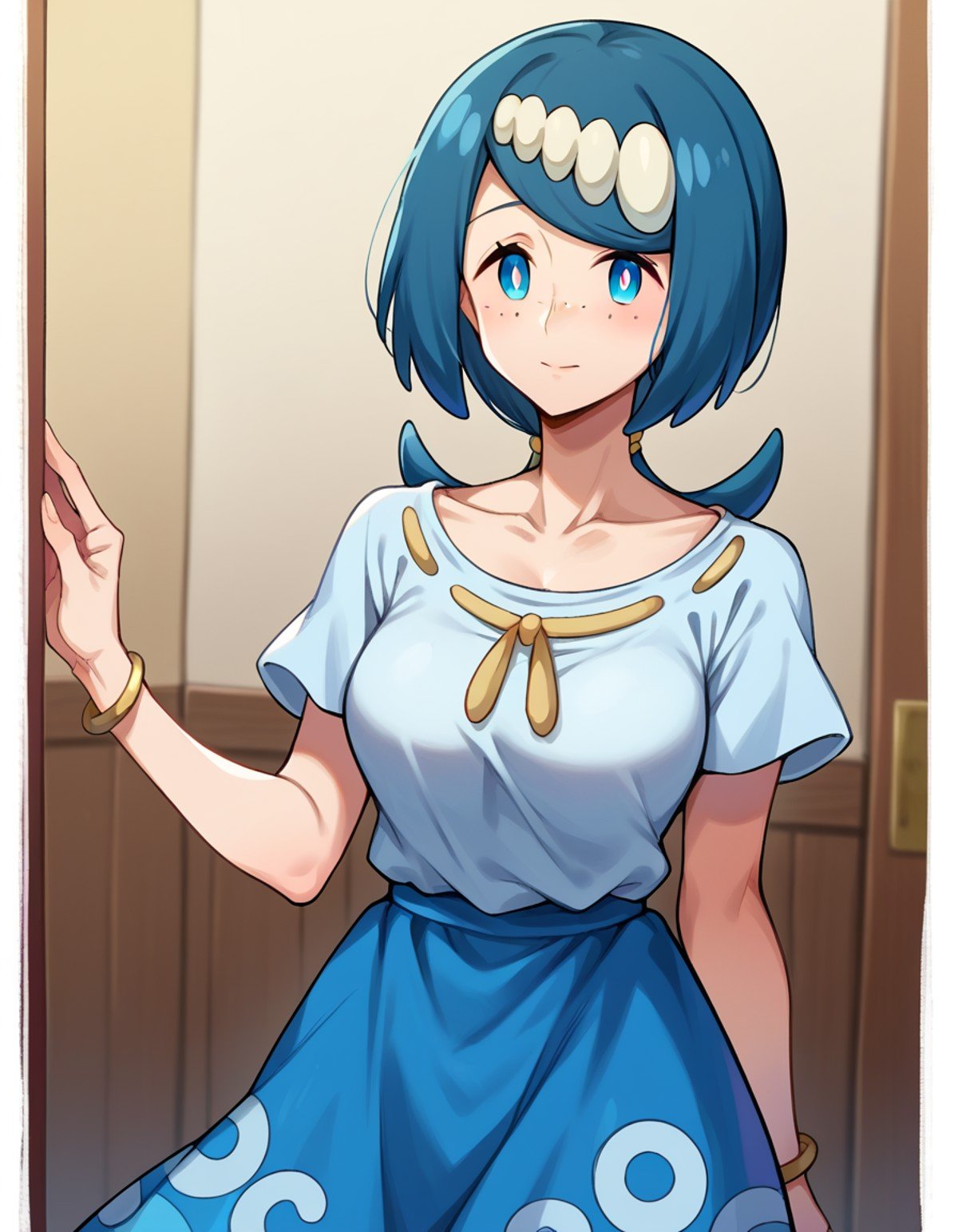 score_9, score_8_up, score_7_up, source_anime,pokemonmotherlana, <lora:pokemon-mother-lana-ponyxl-lora-nochekaiser:1>pokemonmotherlana, blue eyes, blue hair, freckles, hair ornament, long hair, swept bangs, bright pupils,blouse, blue skirt, bracelet, collarbone, dress, jewelry, long skirt, shirt, short sleeves, skirt, white shirt,indoors,looking at viewer, cowboy shot, dutch angle,