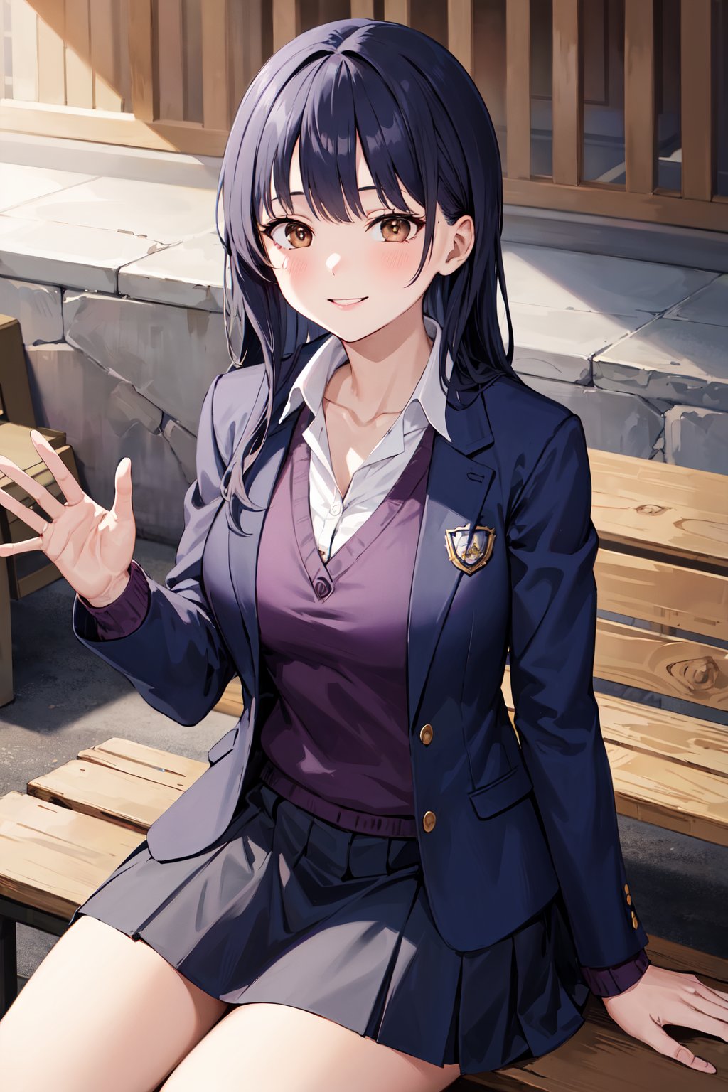 masterpiece, best quality, highres, aaanna, long hair, brown eyes, collarbone, collared shirt, purple sweater, blue jacket, blazer, open jacket, long sleeves, pleated skirt, blue skirt, miniskirt, <lora:yamada_anna_v1:0.7>, sitting, bench, smile, waving