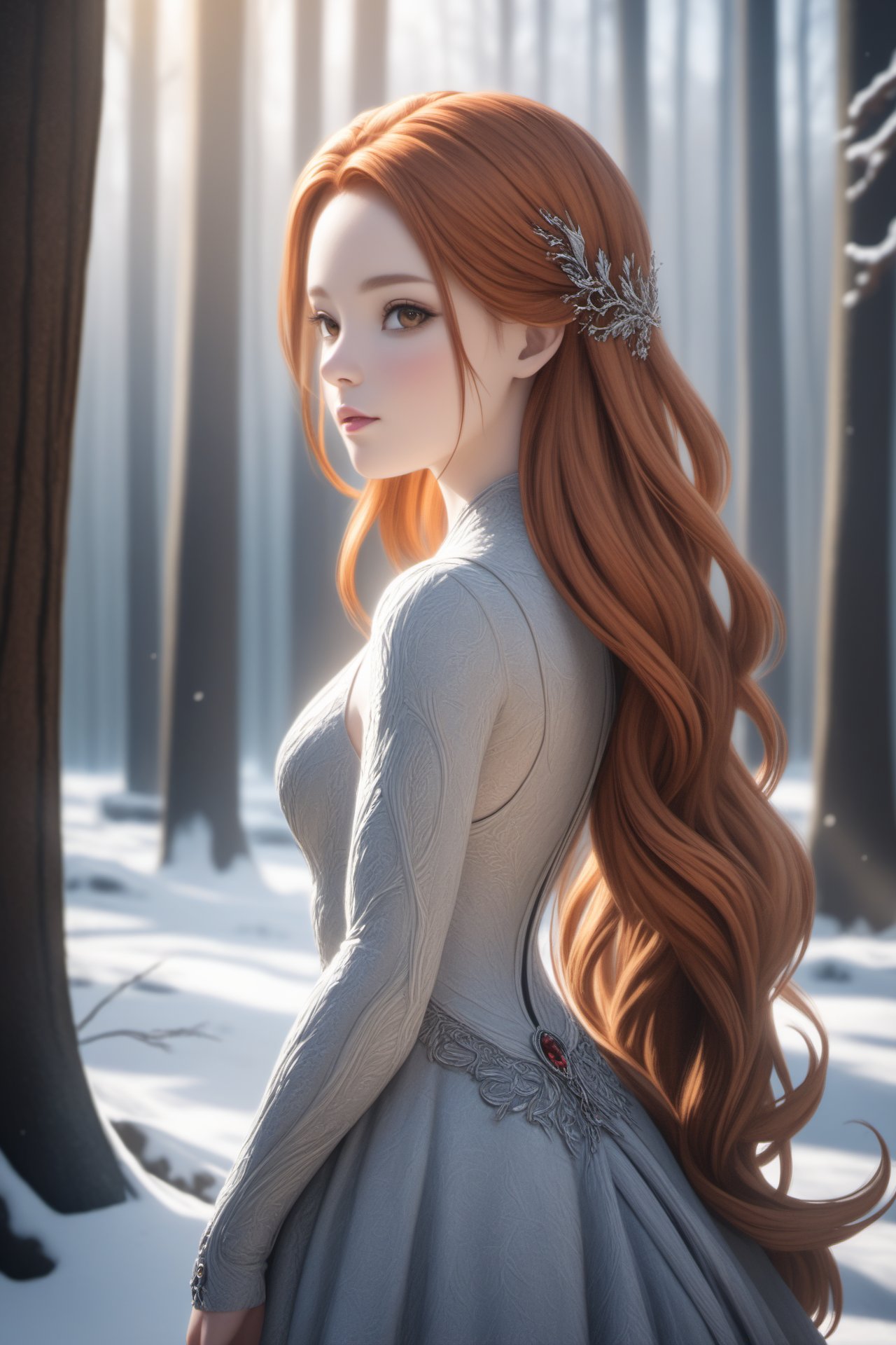 chian girl\(long hair, sexy dress,elegant\),ginger hair,winter forest,natural skin texture,24mm,4k textures,soft cinematic light,adobe lightroom,photolab,hdr,intricate,elegant,highly detailed,sharp focus,((((cinematic look)))),soothing tones,insane details,intricate details,hyperdetailed,low contrast,soft cinematic light,dim colors,exposure blend,hdr,faded,