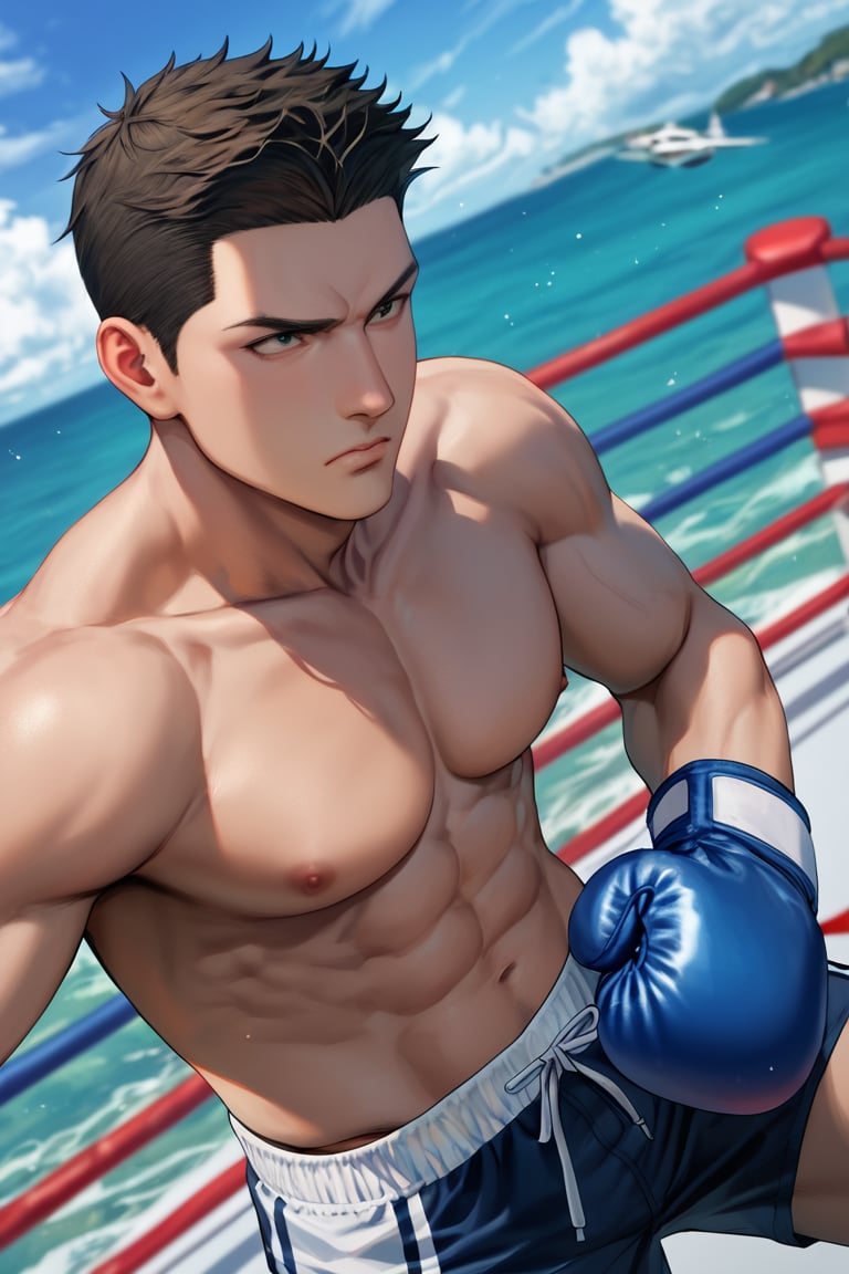 score_9,score_8_up,score_7_up, solo male, Isami Ao, black hair, (short hair, neat hair, bare forehead:1.3), brown eyes, sanpaku, constricted pupils, topless, shirtless, pecs, abs, tights, blue boxing gloves, black boxing shorts, boxing boots, fighting-stance, stomach, (upperbody), ((adult, mature, masculine, manly)), handsome, charming, alluring, masculine, serious, close mouth, perfect anatomy, perfect proportions, best quality, masterpiece, high_resolution, dutch angle, cowboy shot, photo background, on flight deck of aircraft carrier, ocean, blue sky, outdoor<lora:EMS-369096-EMS:0.700000>