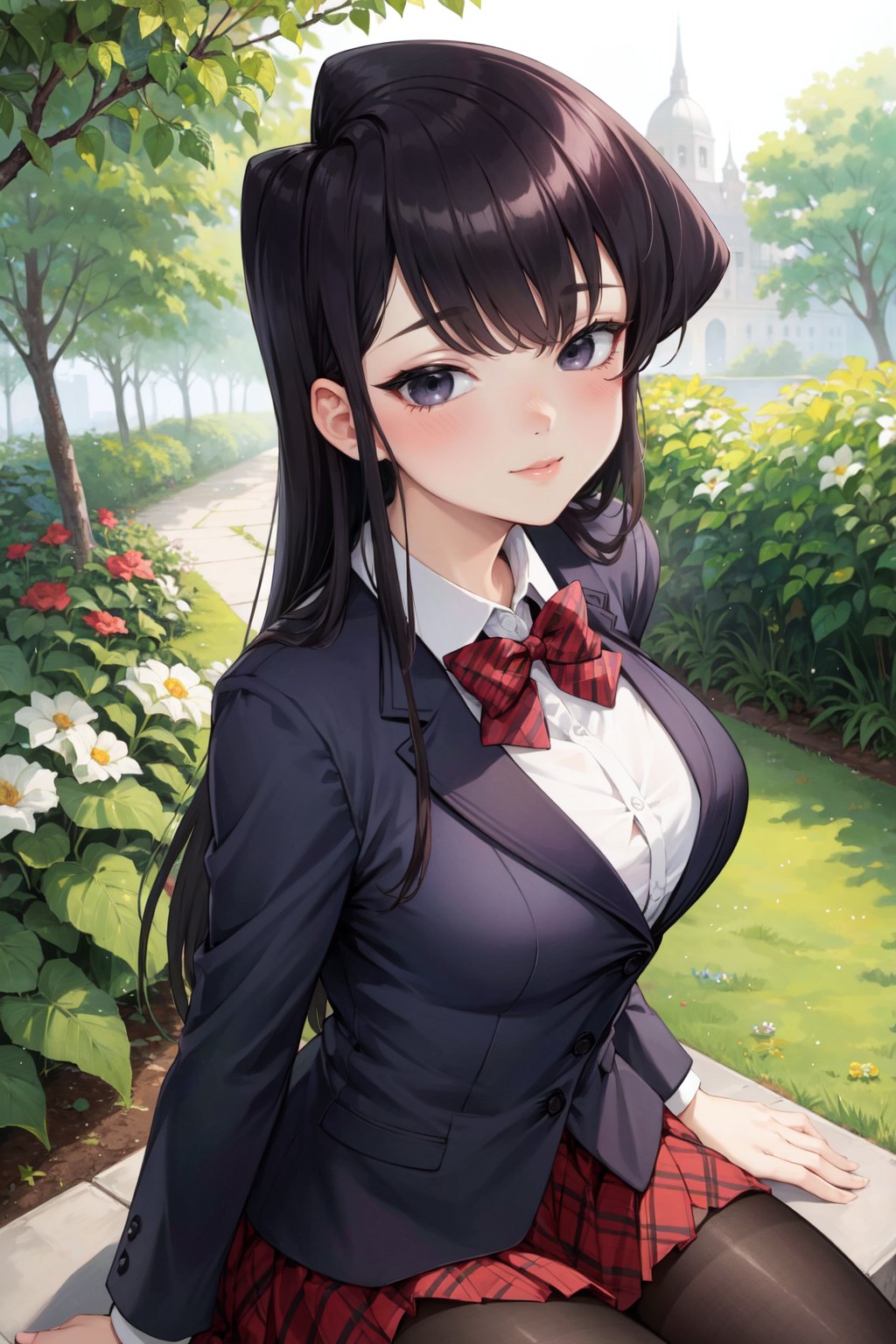 (best quality, ultra detailed), ((full-face blush)), (detailed background:1.2), (perfect face, detailed face), looking at viewer, (mature female:1.4), smile<lora:komi_shouko:1> komi_shouko, long hair, shirt, large breasts, white shirt, school uniform, long sleeves, skirt, bow, bowtie, pantyhose, jacket, black pantyhose, collared shirt, (garden, outdoors, sitting )   