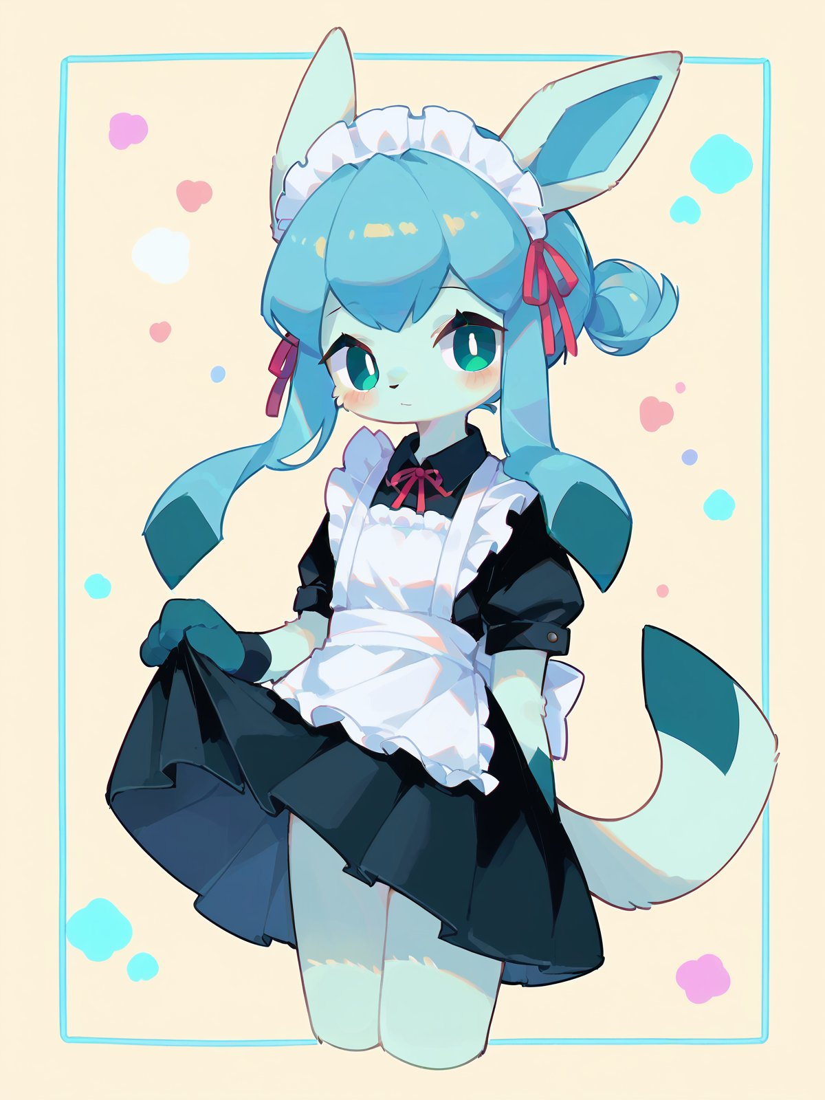 score_9, score_8_up, score_7_up, score_6_up, score_5_up, score_4_up, source_anime, source_furry, rating_safe, embedding:zPDXL2, 1girl, solo, furry, kemono, glaceon, maid, short skirt, maid headdress, maid apron, cowboy shot, cropped legs, skirt lift, looking at viewer