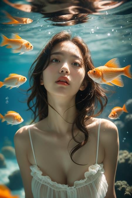 Water World,fish,1girl,underwater,dress,brown hair,white dress,lips,water,black hair,bubble,air bubble,reflection,looking at viewer,animal,long hair,blurry,blue eyes,watermark,see-through,2girls,realistic,looking up,submerged,medium hair,goldfish,depth of field,black eyes,solo,best quality,masterpiece,illustration,an extremely delicate and beautiful,CG,unity,8k wallpaper,Amazing,finely detail,masterpiece,official art,extremely detailed CG unity 8k wallpaper,incredibly absurdres,huge filesize,ultra-detailed,highres,extremely detailed,beautiful detailed girl,realistic,<lora:Water World_20240329062949:0.8>,