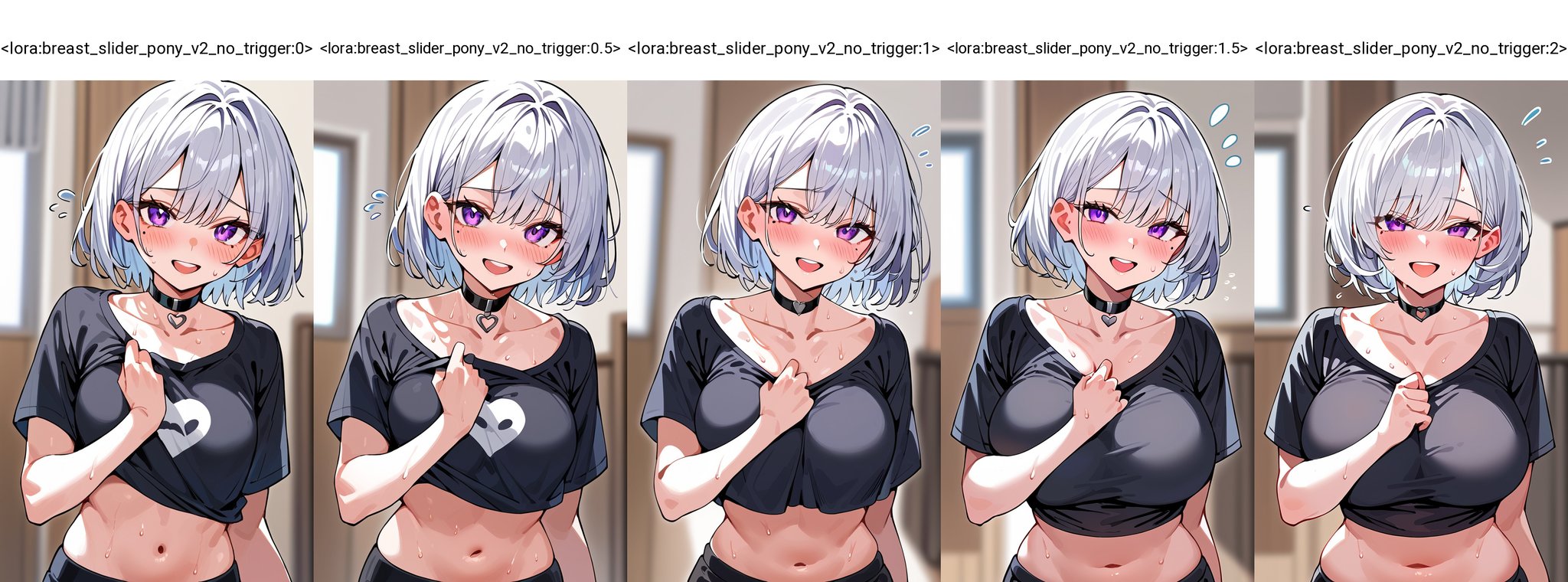 score_9,score_8_up,score_7_up, 1girl,looking at viewer,blush,smile,short hair,open mouth,bangs,shirt,navel,purple eyes,collarbone,upper body,white hair,short sleeves,heart,sweat,teeth,choker,midriff,indoors,stomach,mole,crop top,black shirt,mole under eye,blurry background,upper teeth only,black choker,flying sweatdrops,crop top overhang,cropped shirt <lora:breast_slider_pony_v2_no_trigger:0>