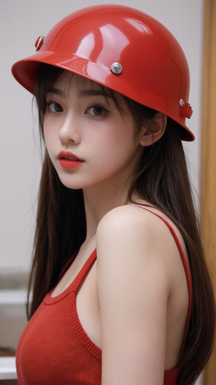 1girl, solo, twintails, looking at viewer, brown hair, indoors, holding, brown eyes, blurry background, bangs, blurry, parted lips, helmet, long hair, red lips, hat