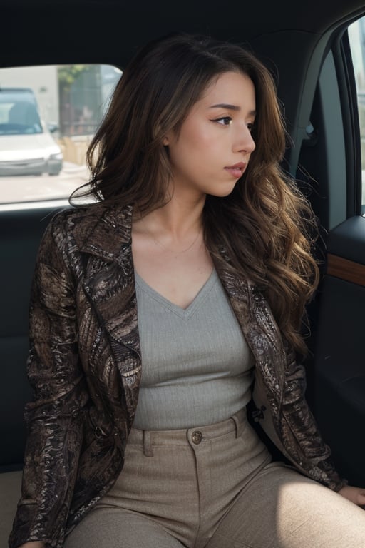 pokimane, portrait, film grain, a woman  (jacket:1.2), pants, sharp lighting, shadows, (thighs), backseat of a car,  updo, light shining through hair, furrowed eybrows, profile <lora:pokimane_cyb2_sd1.5_ZnLn:0.50>