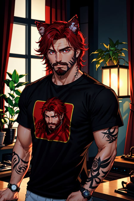 1boy, male focus, solo, mature male, red eyes, red hair, stubble, facial hair, animal ears, tattoo, beard, band tshirt, black t-shirt, watch, wristwatch, window, plant, curtains, studio lighting, side lighting, lamp, kitchen, standing against the counter, indoors, looking at viewer