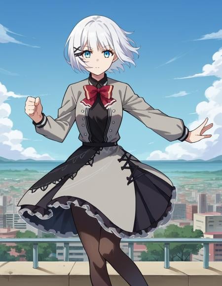 score_9, score_8_up, score_7_up, source_anime,siesta, <lora:siesta-ponyxl-lora-nochekaiser:1>,siesta, short hair, bangs, blue eyes, hair ornament, white hair, hairclip,dress, bow, bowtie, red bow, red bowtie, shirt, long sleeves, jacket, pantyhose, frills, shoes, grey jacket, open clothes, black shirt,outdoors, cityscape,looking at viewer, cowboy shot, dynamic pose,