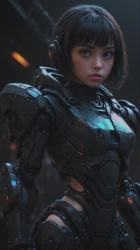 a girl in the dark, mecha, sci-fi armor, black matte angular armor, Bladerunner 2049,   <lora:IOS_Iridescent_opal_style:0.8>