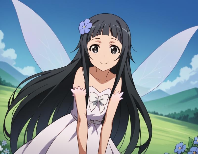 score_9, score_8_up, score_7_up, source_anime,saoyui, <lora:sao-yui-s1-alo-ponyxl-lora-nochekaiser:0.8>,yui, long hair, bangs, black hair, hair ornament, very long hair, flower, hair flower, black eyes,dress, bare shoulders, collarbone, wings, fairy wings, fairy,outdoors, landscape, smile, bent over,cowboy shot, looking at viewer, solo, dutch angle,