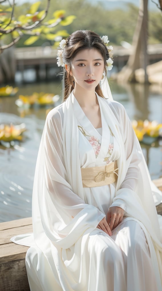 Chinese hanfu,Ancient Chinese style gentle girl,Dressed in plain white costume,It is decorated with simple lines, Silky long hair shawl,A gentle smile,The eyes are as clear as water, Sitting by the tranquil lake,Next to him are lotus flowers in full bloom,