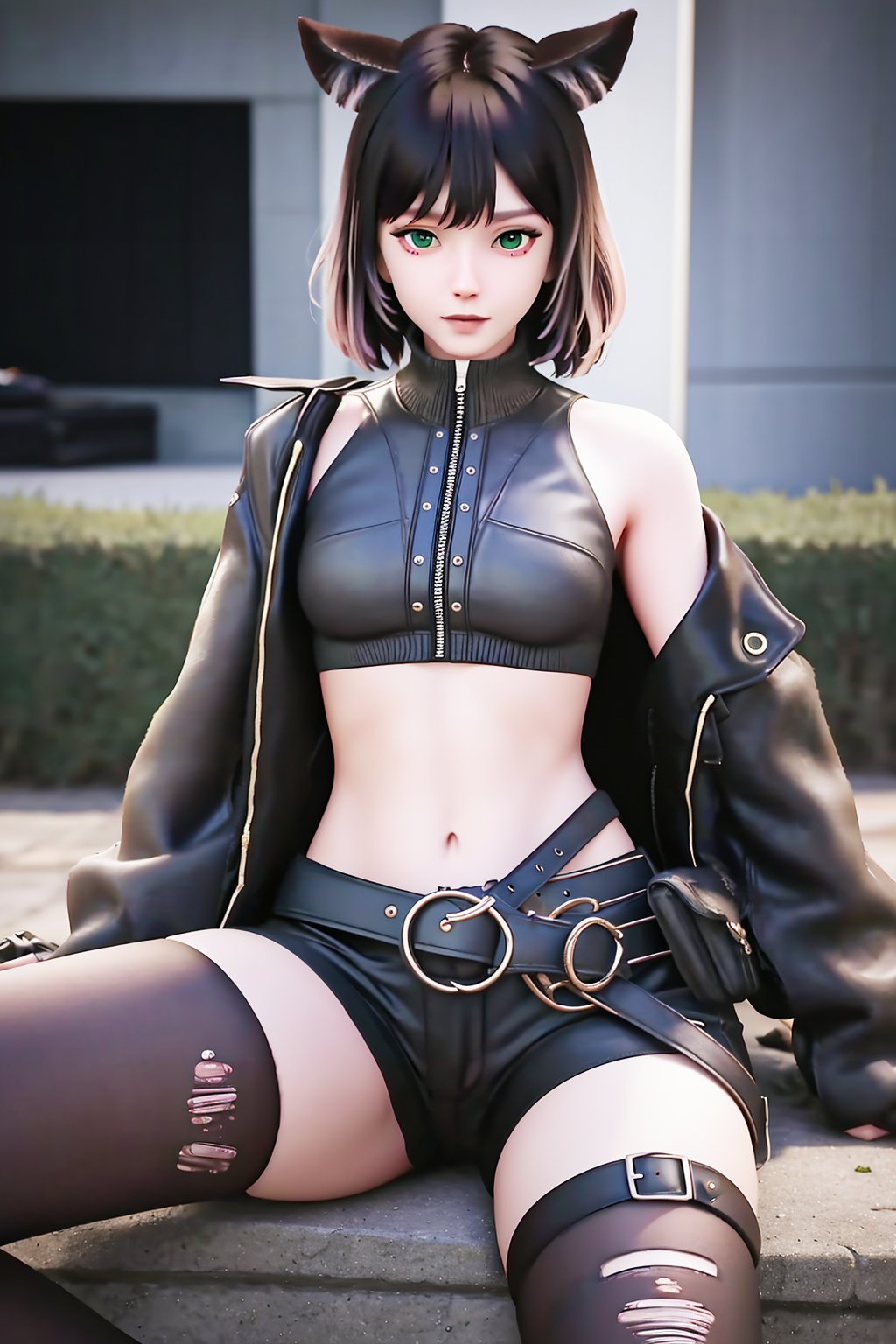 (best quality,masterpiece:1.2),ultra detailed,8k,RAW photo,realistic,photorealistic,ultra-detailed,intricate detail,extremely detailed,delicate pattern,looking at viewer,<lora:C_黑桃_AUG:0.7>,1girl,solo,ht,animal ears,short hair,black hair,bangs,green eyes,necklace,black jacket,crop top,open jacket,zipper,pouch,open clothes,sleeves past wrists,long sleeves,off shoulder,fingerless gloves,midriff,navel,black shorts,belt,bike shorts,thigh strap,black thighhighs,torn thighhighs,sitting,