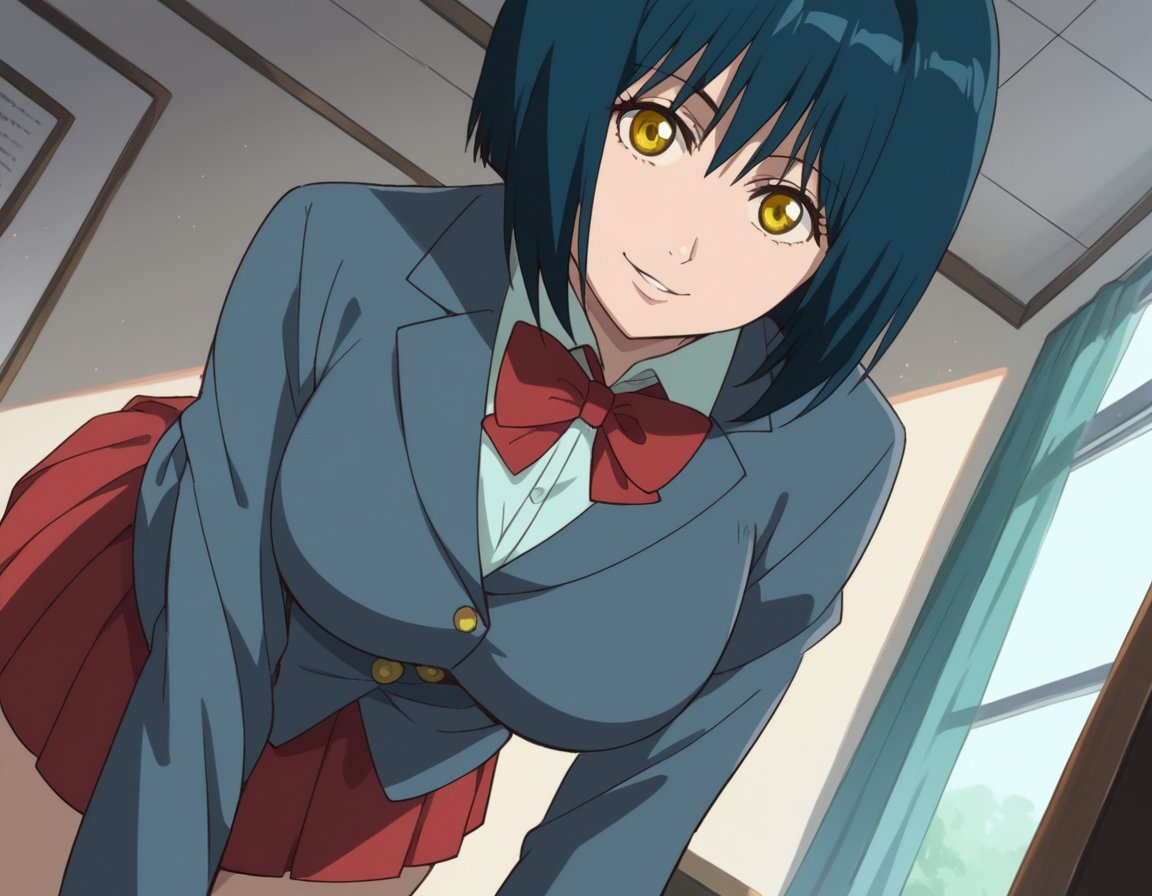 score_9, score_8_up, score_7_up, source_anime, <lora:manami-nikaido-ova-ponyxl-lora-nochekaiser:1>, manami nikaido, short hair, black hair, blue hair, yellow eyes, bob cut, large breasts,, school uniform, shirt, collared shirt, blazer, grey blazer, bowtie, red bowtie, skirt, red skirt, pleated skirt,, indoors, bent over, smile,, looking at viewer, solo, cowboy shot, dutch angle