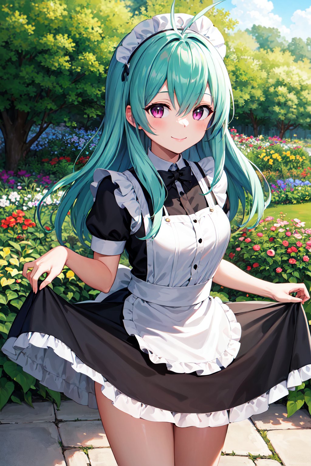 masterpiece, best quality, highres, aarej, solo, long hair, antenna hair, purple eyes, <lora:run_elsie_jewelria_v1:0.7>, maid, maid headdress, garden, standing, skirt hold, smile,