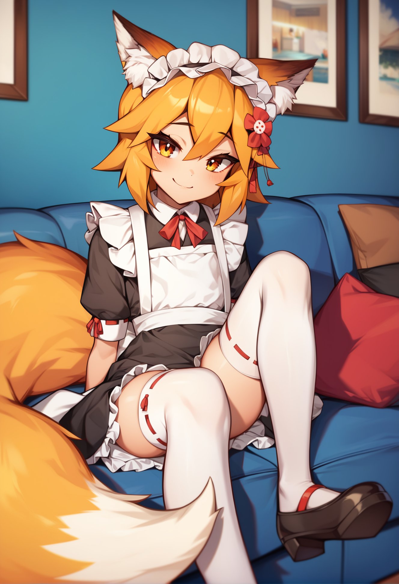 best quality, masterpiece, score_9, score_8_up, bold line,1girl, senko \(sewayaki kitsune no senko-san\), blonde hair, flat chest, fox ears, fox tail, hair flower, maid outfit, black dress, frilled hairband, white stockings, shoes, happy smile, posing,indoors, living room interior