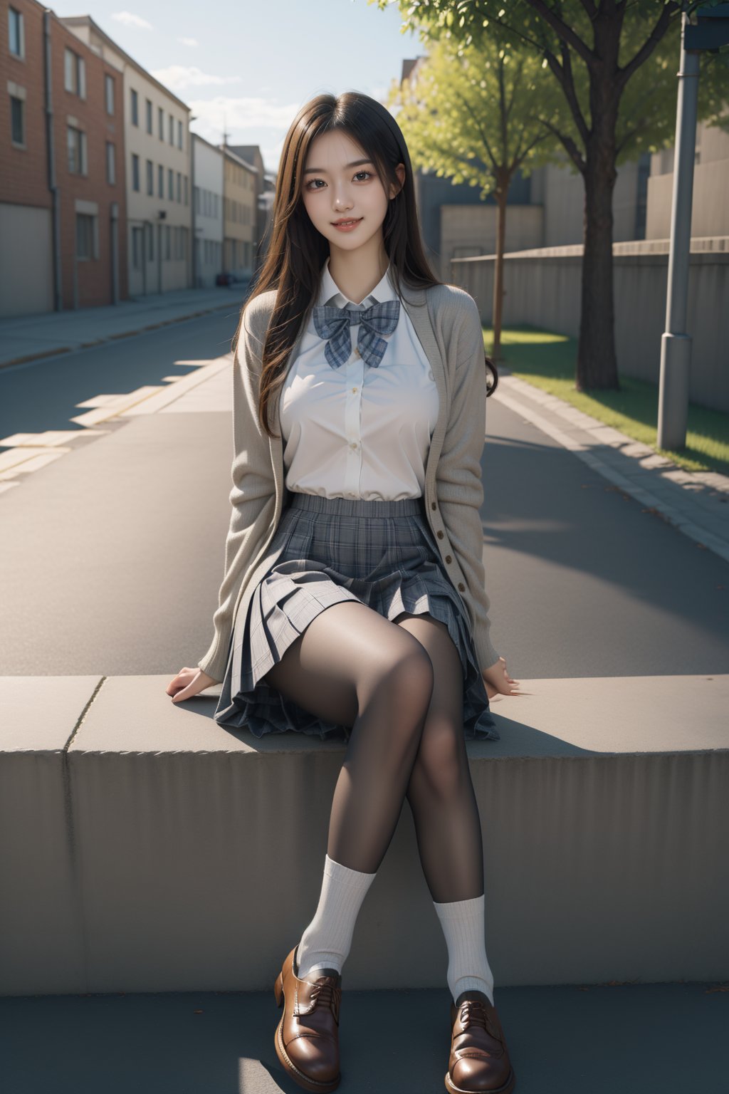 masterpiece,best quality,extremely detailed 8K wallpaper,1girl,JK,plaid skirt,school uniform,brown shoes,sitting,smile,