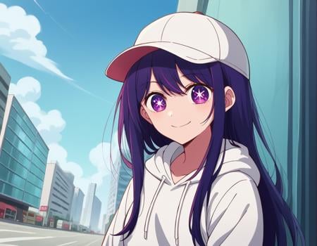 score_9, score_8_up, score_7_up, source_anime,aihoshino, <lora:ai-hoshino-s1-ponyxl-lora-nochekaiser:1>,ai hoshino, long hair, bangs, purple eyes, purple hair, symbol-shaped pupils,hood, hoodie, hood down, long sleeves, white hoodie, hat, baseball cap,cityscape, street, smile,looking at viewer, cowboy shot, dutch angle, solo,