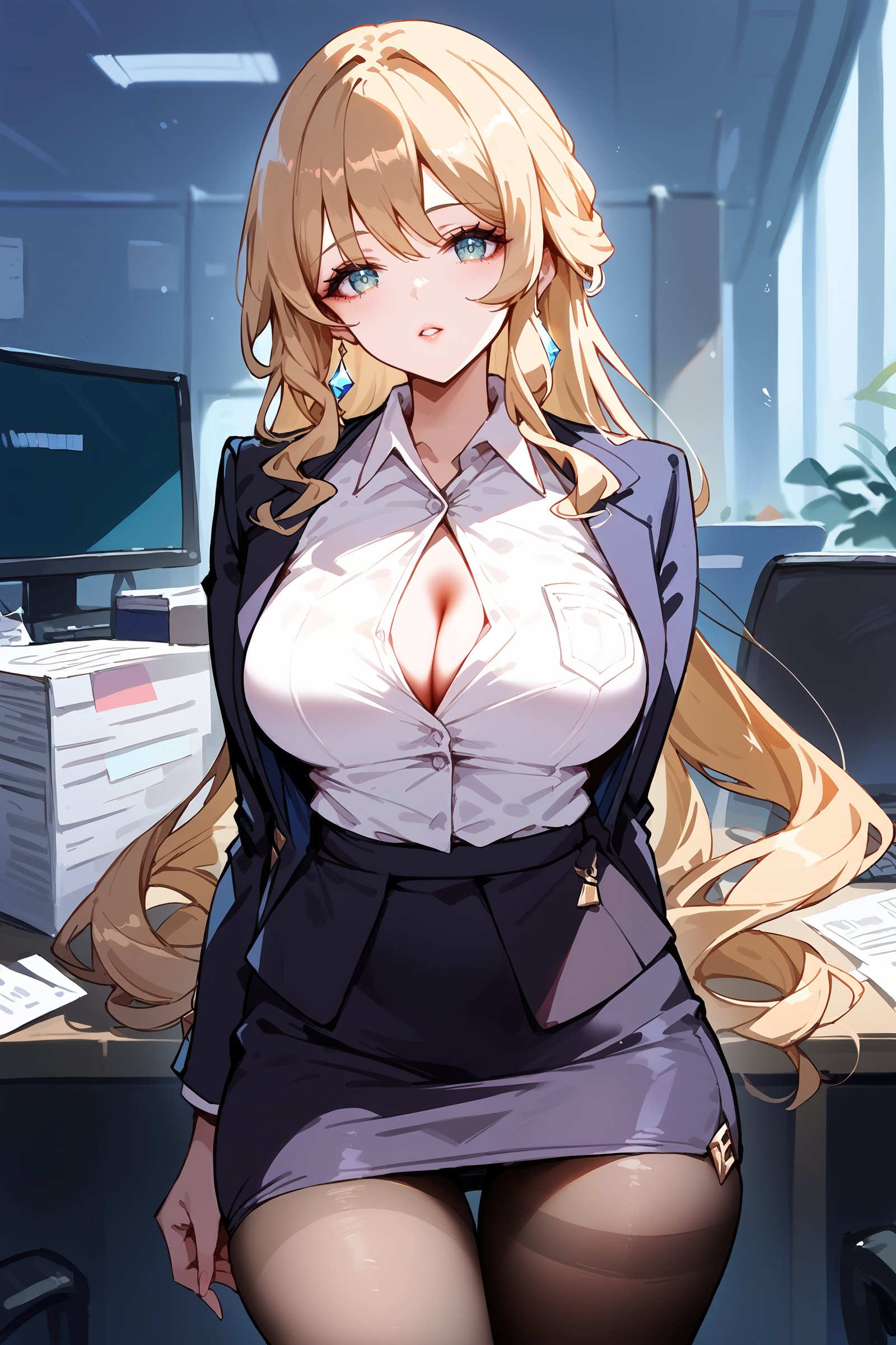 score_9, score_8_up, score_7_up, 1girl, navia \(genshin impact\), office lady, collared shirt, pencil skirt, pantyhose, looking at viewer, parted lips, cowboy shot, office, indoors, depth of field <lora:Char-Genshin-Navia-Pony-V1:0.9>